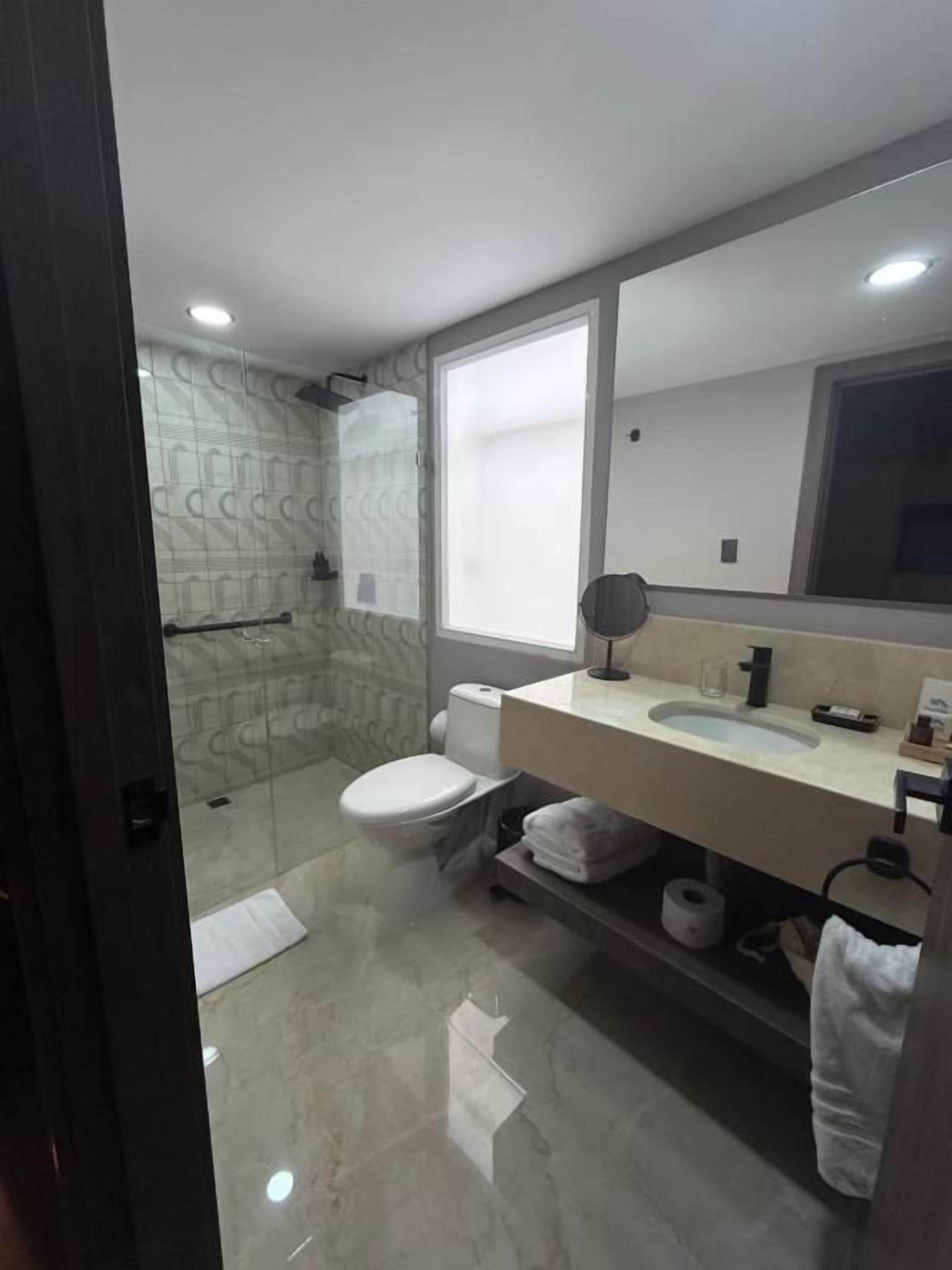 A modern bathroom with a glass-enclosed shower, a toilet, a sink with a mirror, and a towel rack.