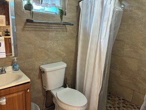A bathroom with a toilet, sink, and shower curtain. - Charming studio in Hollywood with fabulous kitchen (Hollywood)