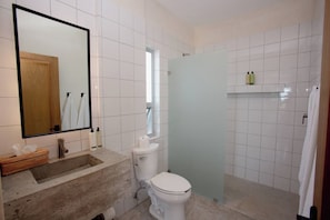 Un baño con lavamanos, inodoro, espejo y zona de ducha.