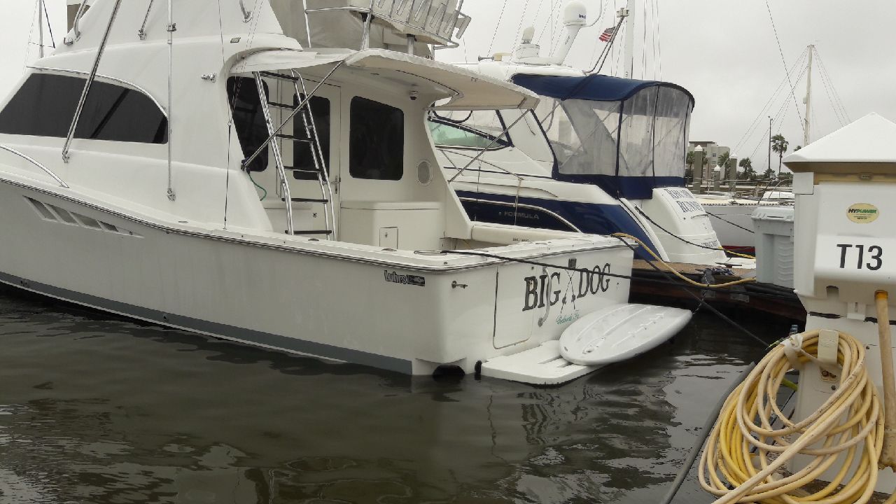 A white yacht docked at a marina with the name 'BIG DOG' on its side.