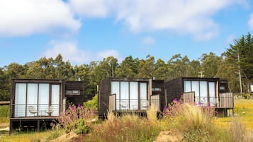 Tres cabañas modernas con ventanas amplias, ubicadas en un entorno natural con un bosque de fondo.