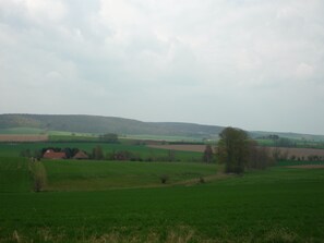 Ett lantligt landskap med åkrar, några hus och en kulle i fjärran.