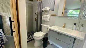 A bathroom with a shower, toilet, sink, and a mirror.