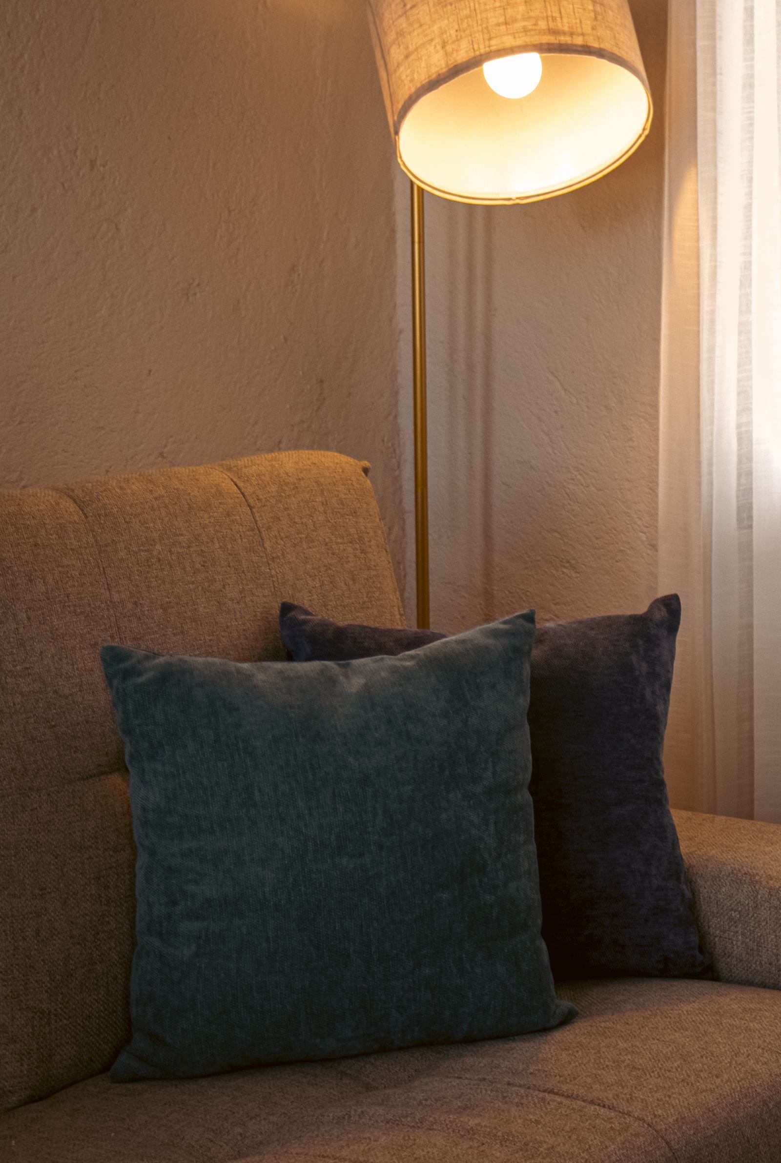 A sofa with two cushions and a floor lamp.