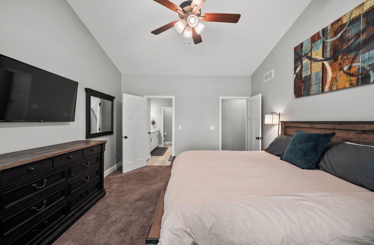 A bedroom with a bed, a ceiling fan, a TV, a dresser, and a painting on the wall.