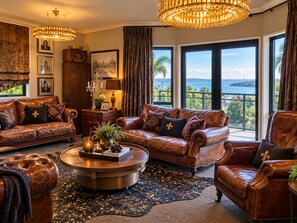 A spacious living room with leather sofas, a round coffee table, and a large window offering a view of the sea. - Palms on Tindalls Beach side retreat (Whangaparāoa)