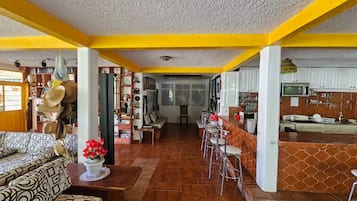 Amplia sala de estar con cocina y comedor, que cuenta con un juego de sofá estampado, una mesa de centro y una planta en maceta.