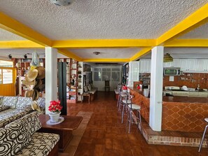 Amplia sala de estar con cocina y comedor, que cuenta con un juego de sofá estampado, una mesa de centro y una planta en maceta.