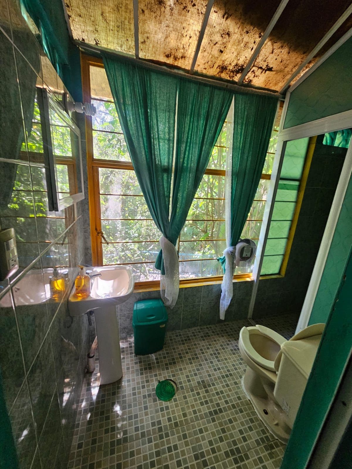 A bathroom with a toilet, sink, and window with curtains.