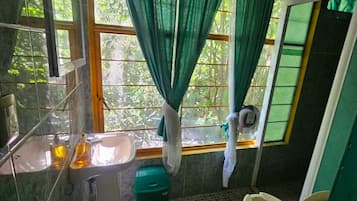 A bathroom with a toilet, sink, and window with curtains.