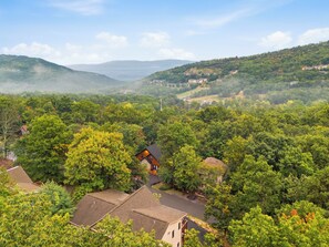 A residential area with houses surrounded by dense greenery and hills in the background. - Charming 6-bedroom house in Wintergreen Resort with AC (Wintergreen Resort)