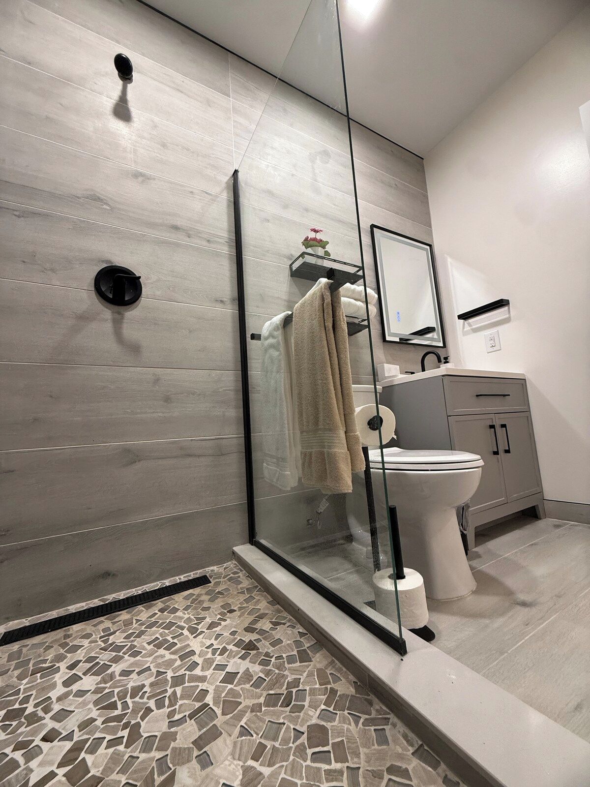 A modern bathroom with a glass shower enclosure, a toilet, and a vanity with a mirror.