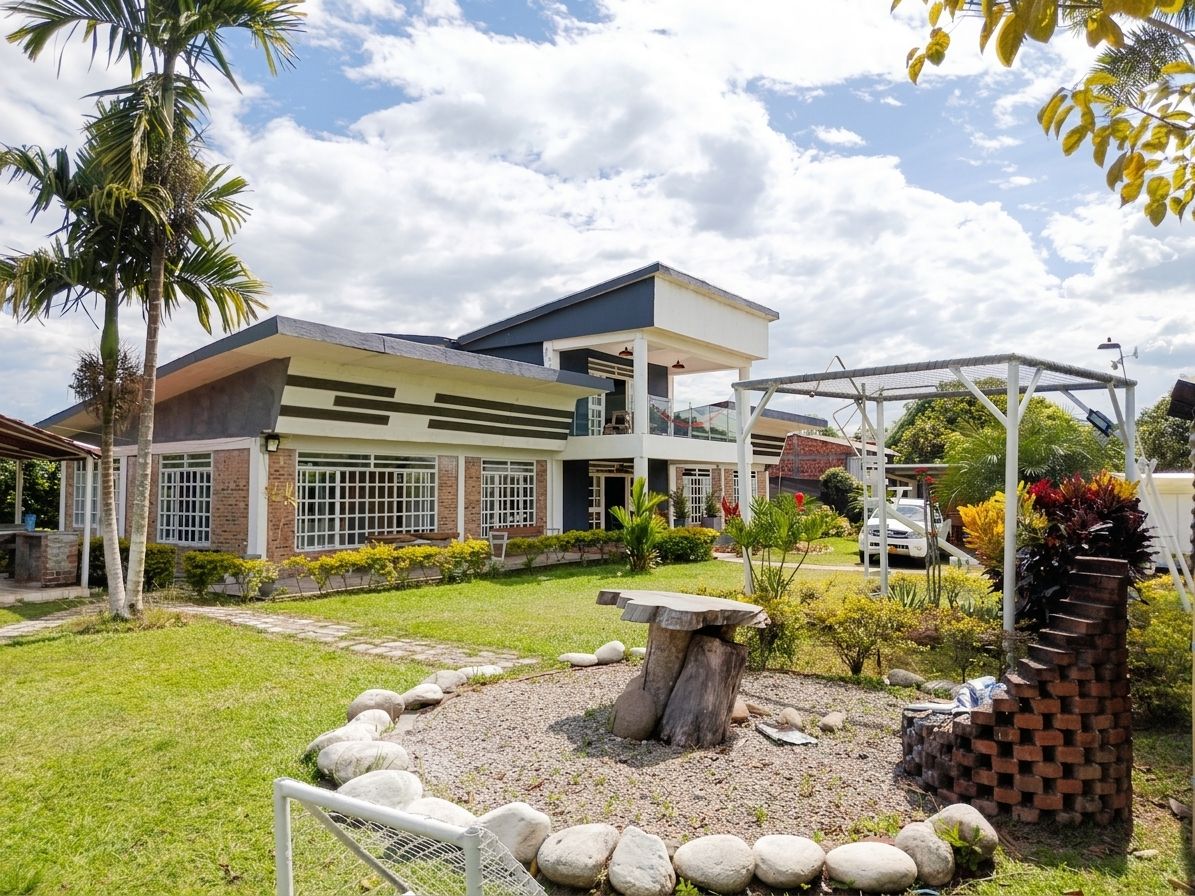 A modern building with a covered outdoor area, a stone bench, and a landscaped garden with a palm tree.