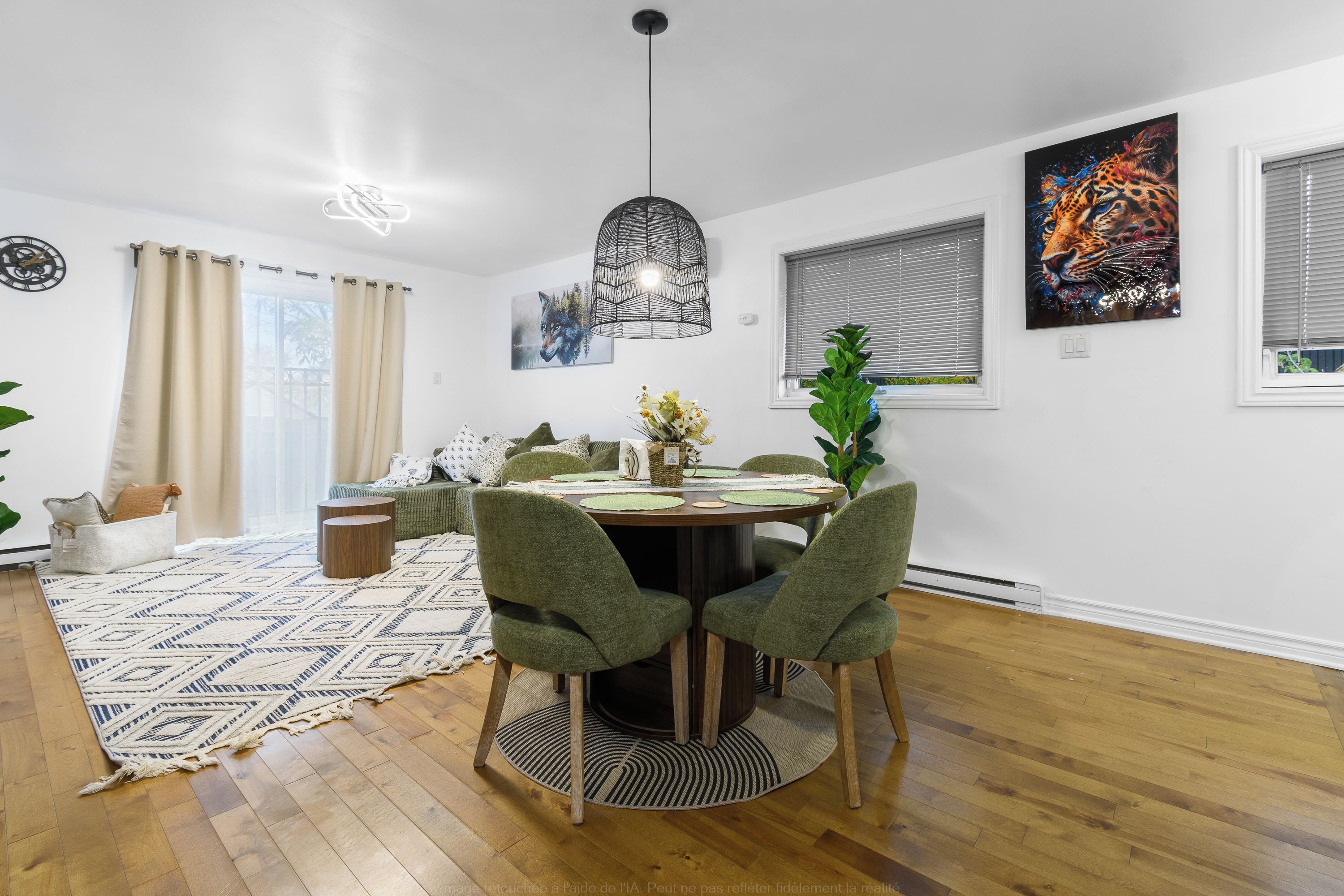 A dining area with a round table, chairs, a hanging light fixture, and artwork on the walls.