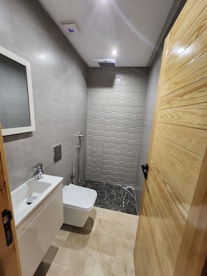 Un bagno con un lavandino bianco, uno specchio, una doccia con soffione manuale e una porta in legno.