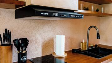 A modern kitchen with a black induction cooktop, a stainless steel sink, and wooden cabinets.