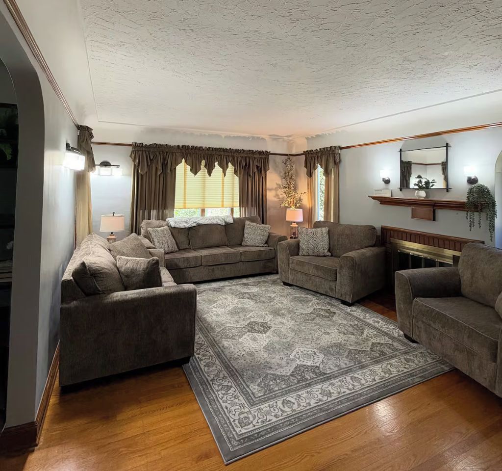 A living room with a large grey patterned rug, a fireplace, and a wooden floor.