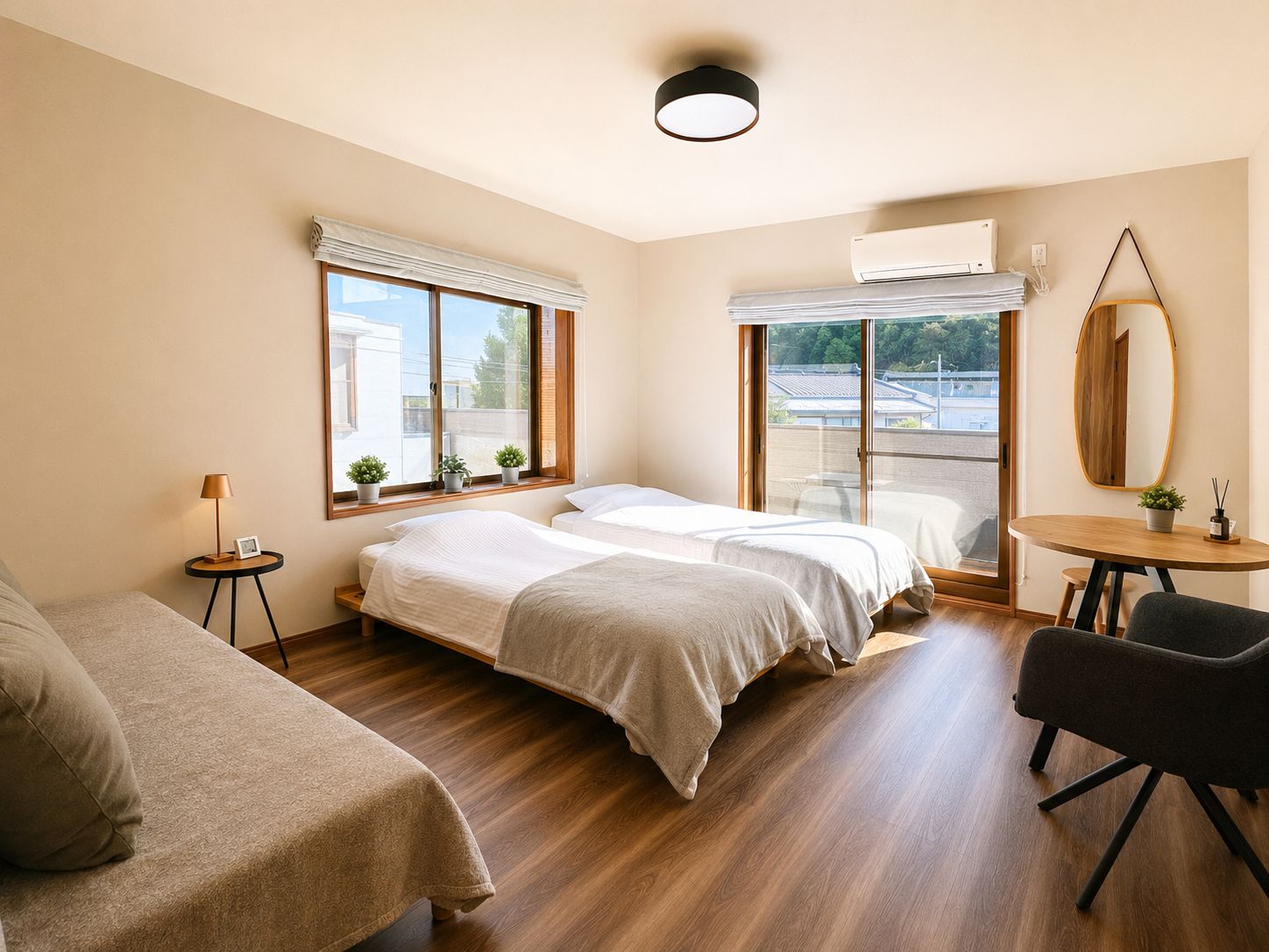 Habitación de hotel con dos camas, un sofá, una mesita y una silla. Cuenta con ventanas con cortinas, un equipo de aire acondicionado y un espejo en la pared.