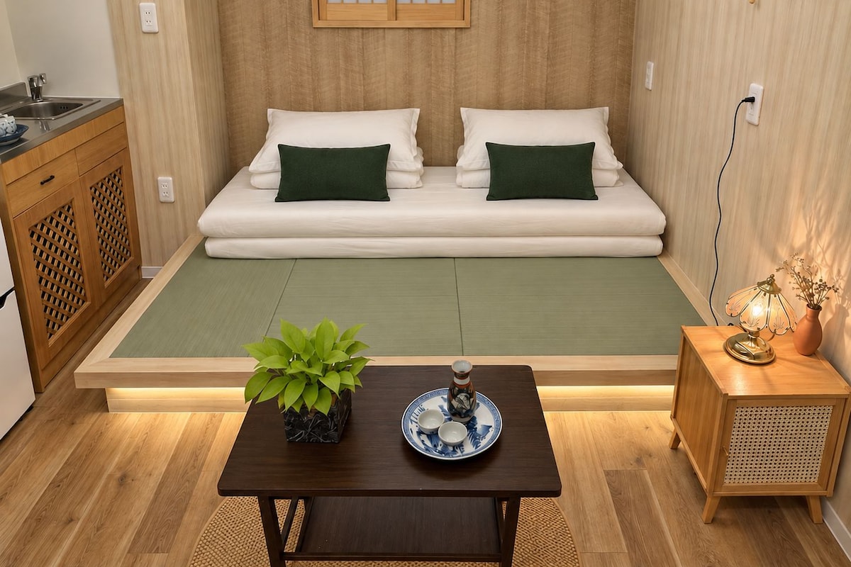 A compact room with a sofa bed, a small table with a plant and teaware, and a bedside table with a lamp.