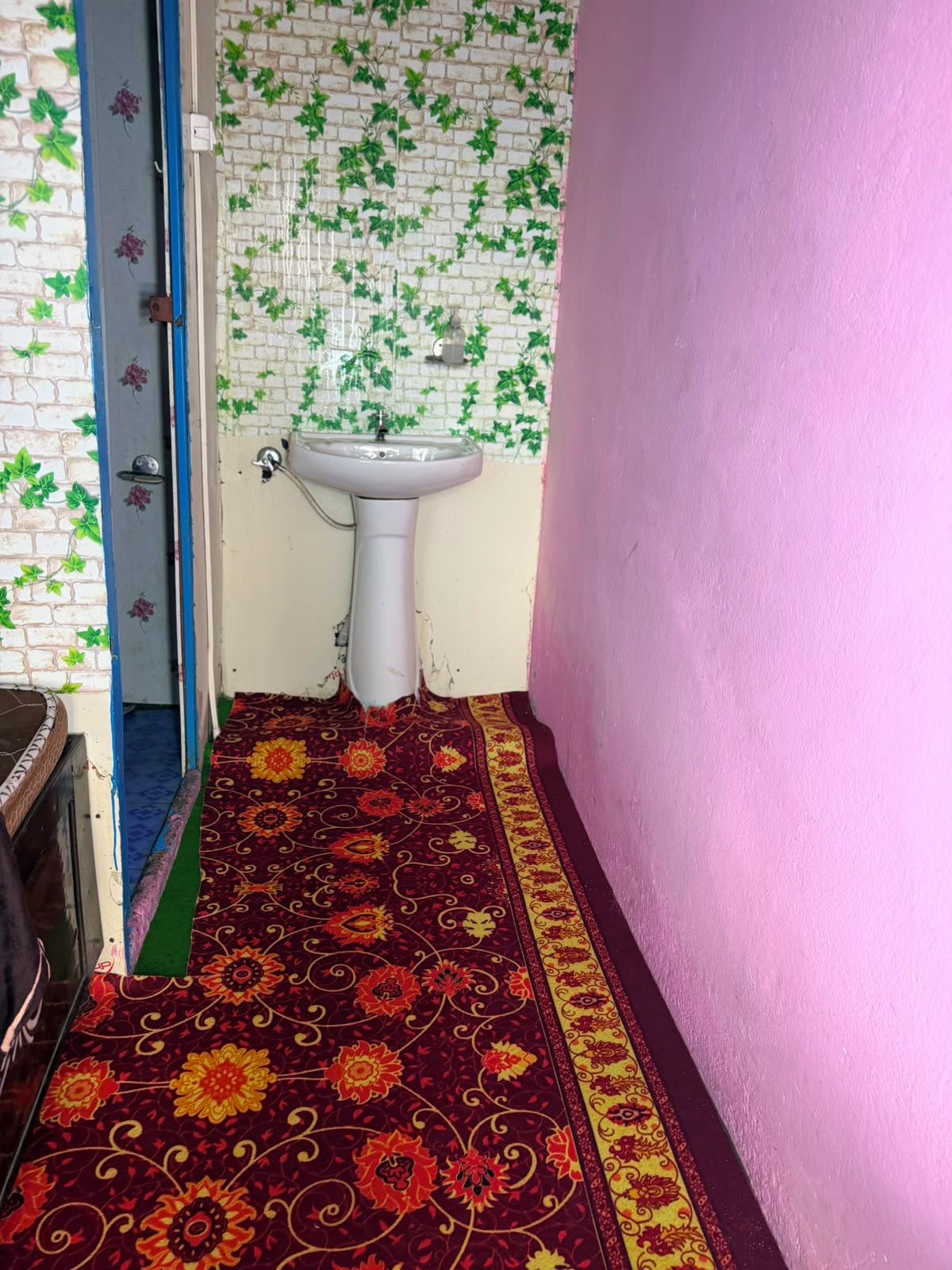 A narrow hallway with a patterned carpet, a white sink, and a door leading to another room.