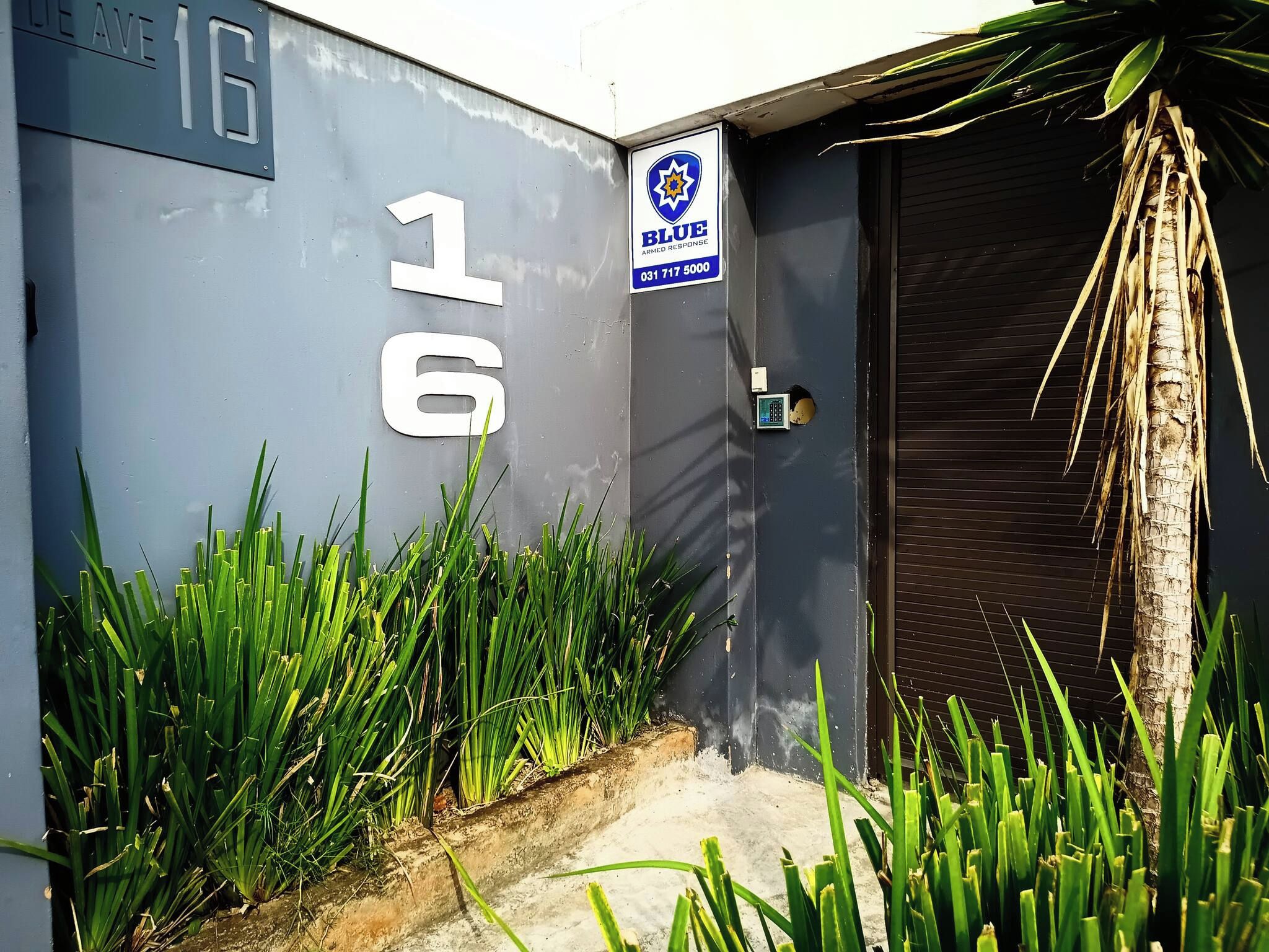 A building entrance with a blue sign indicating armed response services, a number '16' on the wall, and a palm tree beside the entrance.