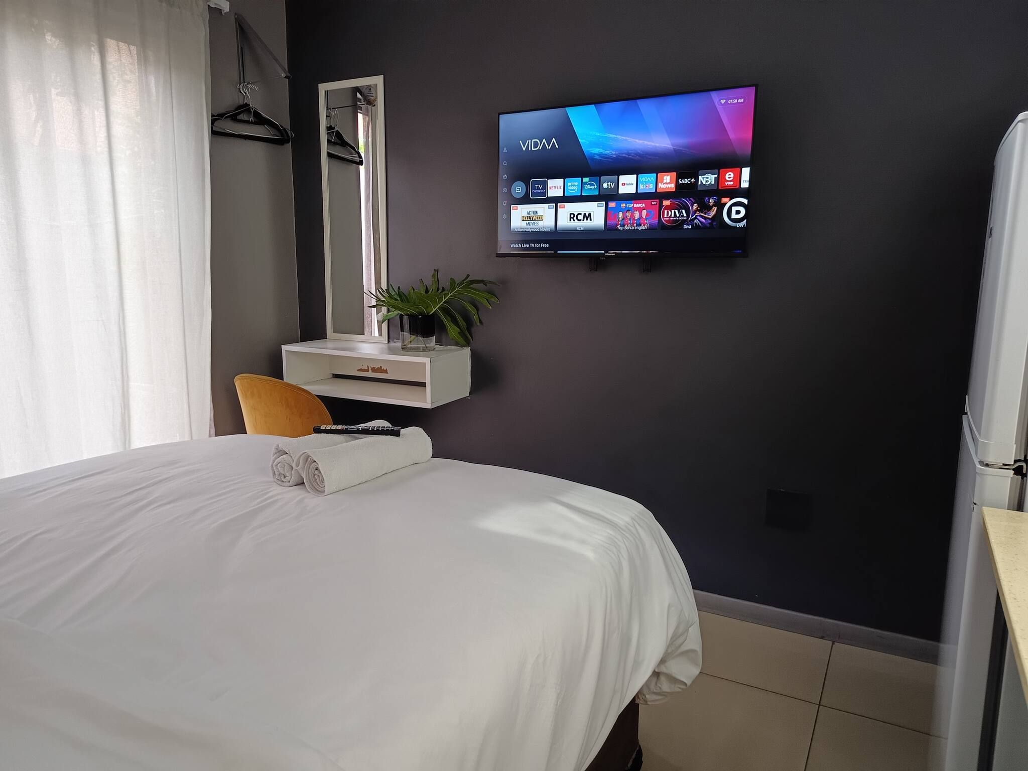 Habitación de hotel con cama, televisor montado en la pared mostrando varios canales, espejo, planta y una silla de madera.