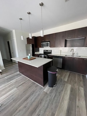 Une cuisine moderne avec des meubles de couleur sombre en bois, des appareils électroménagers en acier inoxydable et un îlot central.