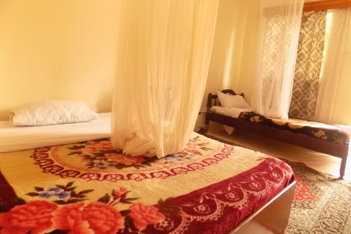 A bedroom with a bed, a bedside table, a chair, and a canopy bed.