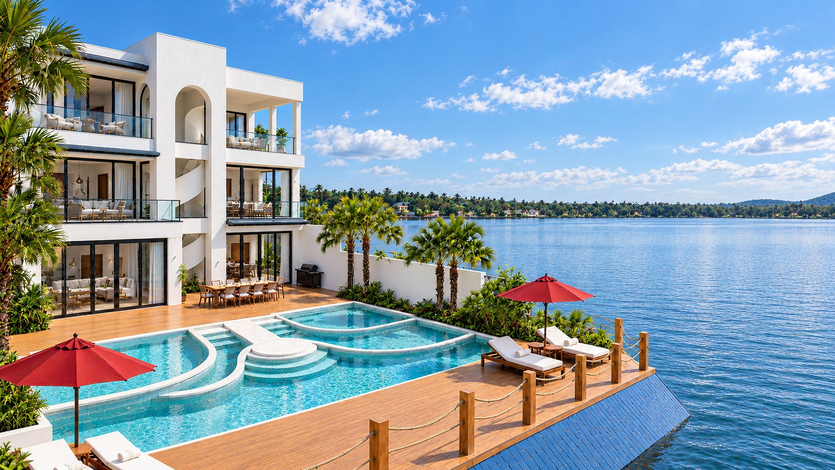 A modern hotel with a pool, lounge chairs, and a view of the water.