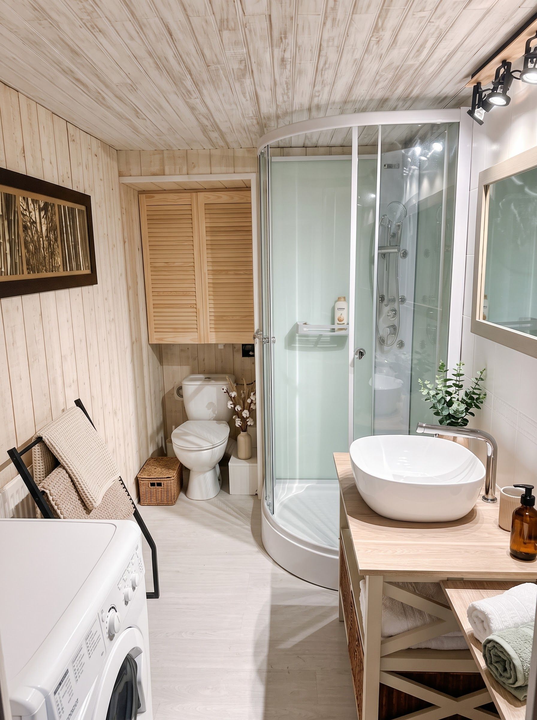 Un baño moderno con ducha envuelta en vidrio, un lavamanos espacioso y una lavadora.