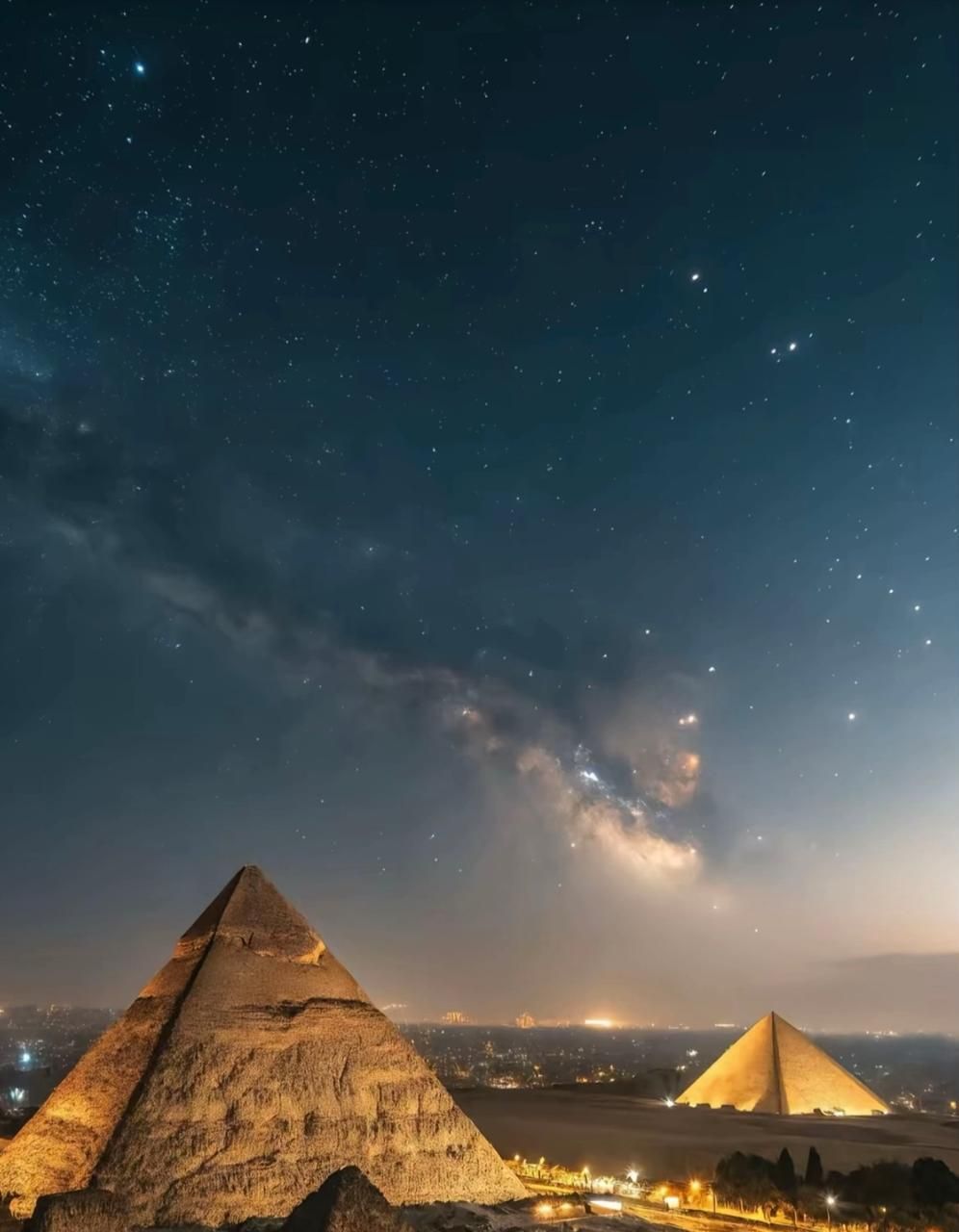 A night view of the pyramids with stars in the sky and the Milky Way visible.