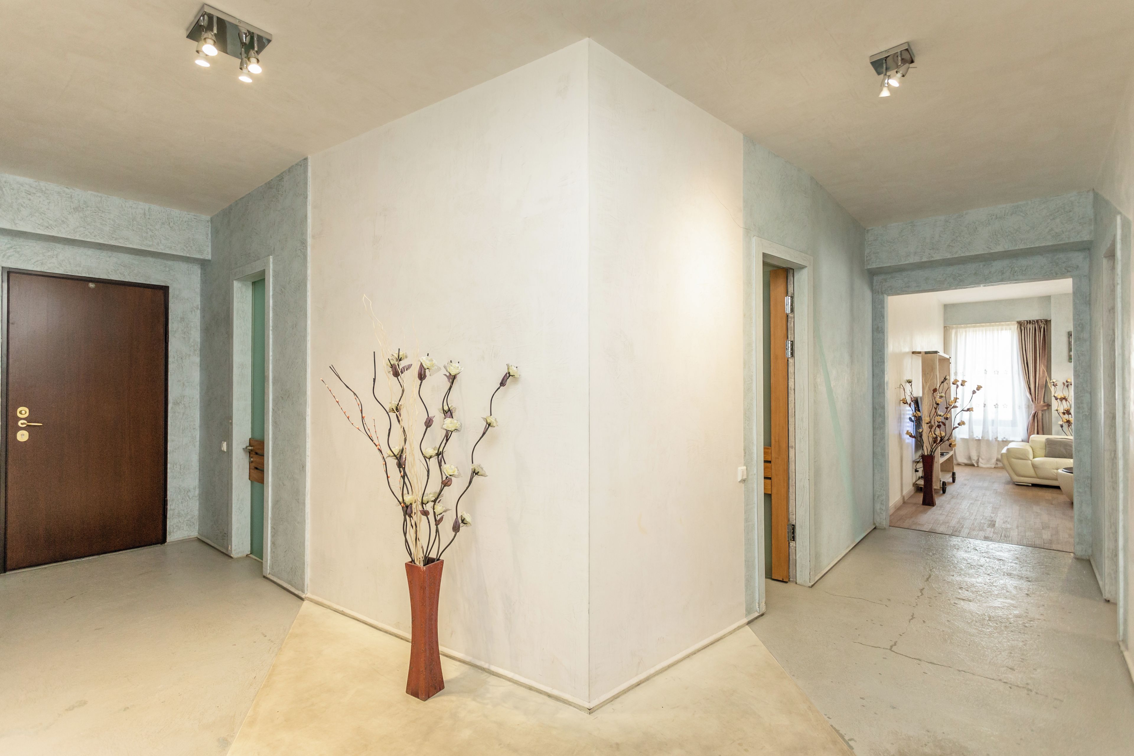A spacious hallway with a large white wall, a wooden door, and a vase with branches.