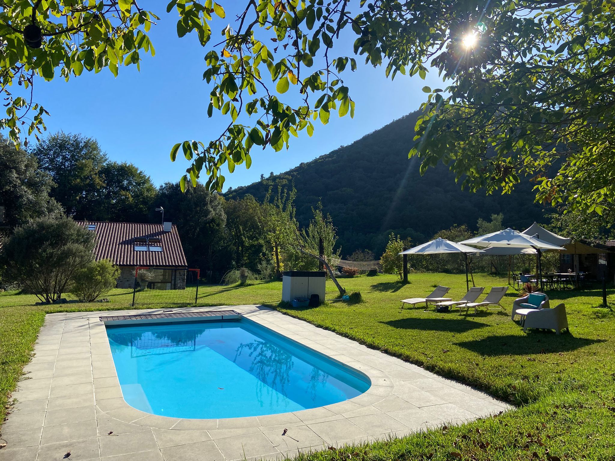 A swimming pool with a tiled deck, surrounded by grass and trees, with a mountain in the background.