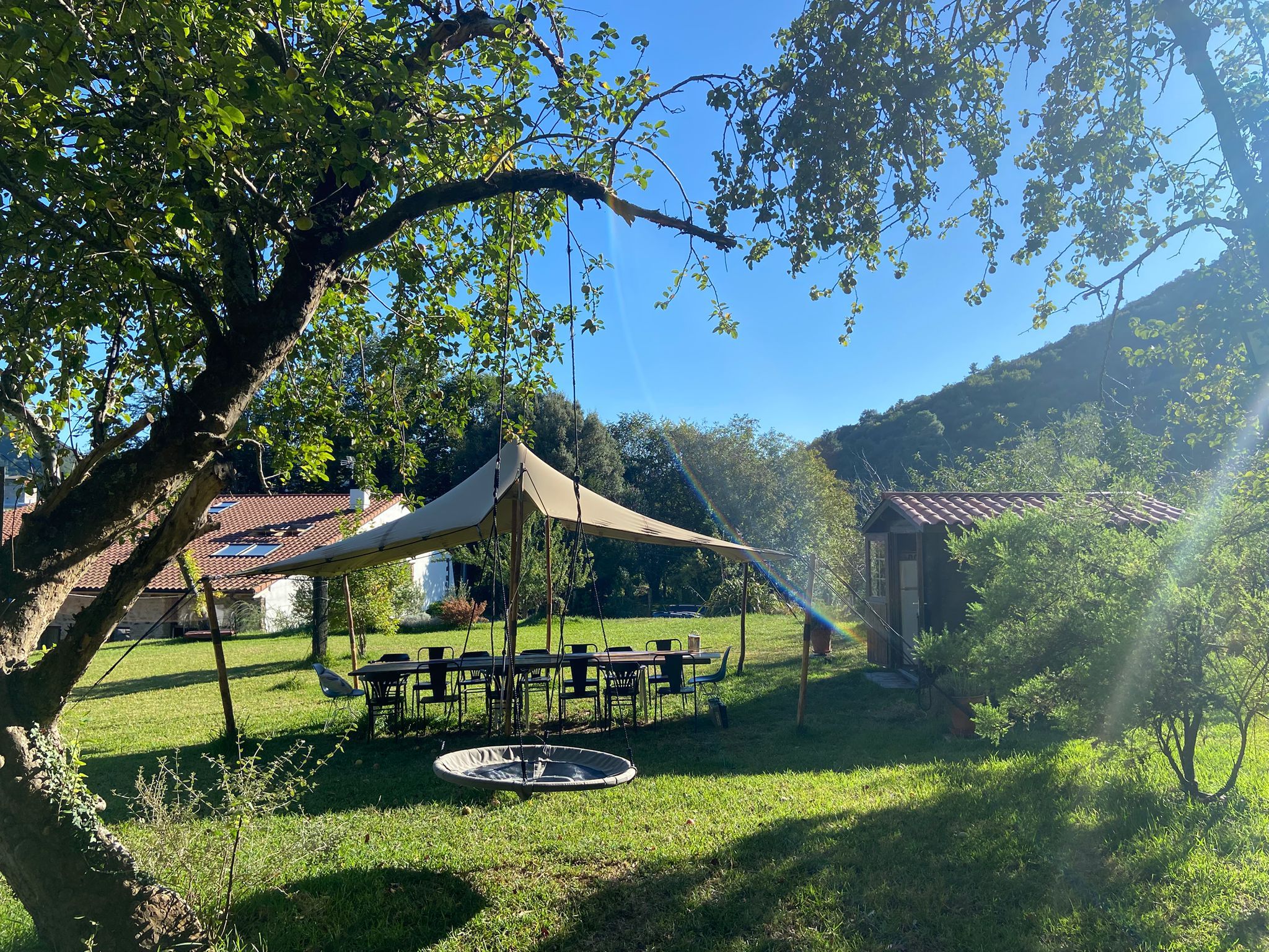 Ein Essbereich im Freien mit Tisch und Stühlen unter einem Blätterdach, umgeben von Bäumen und einer Rasenfläche.