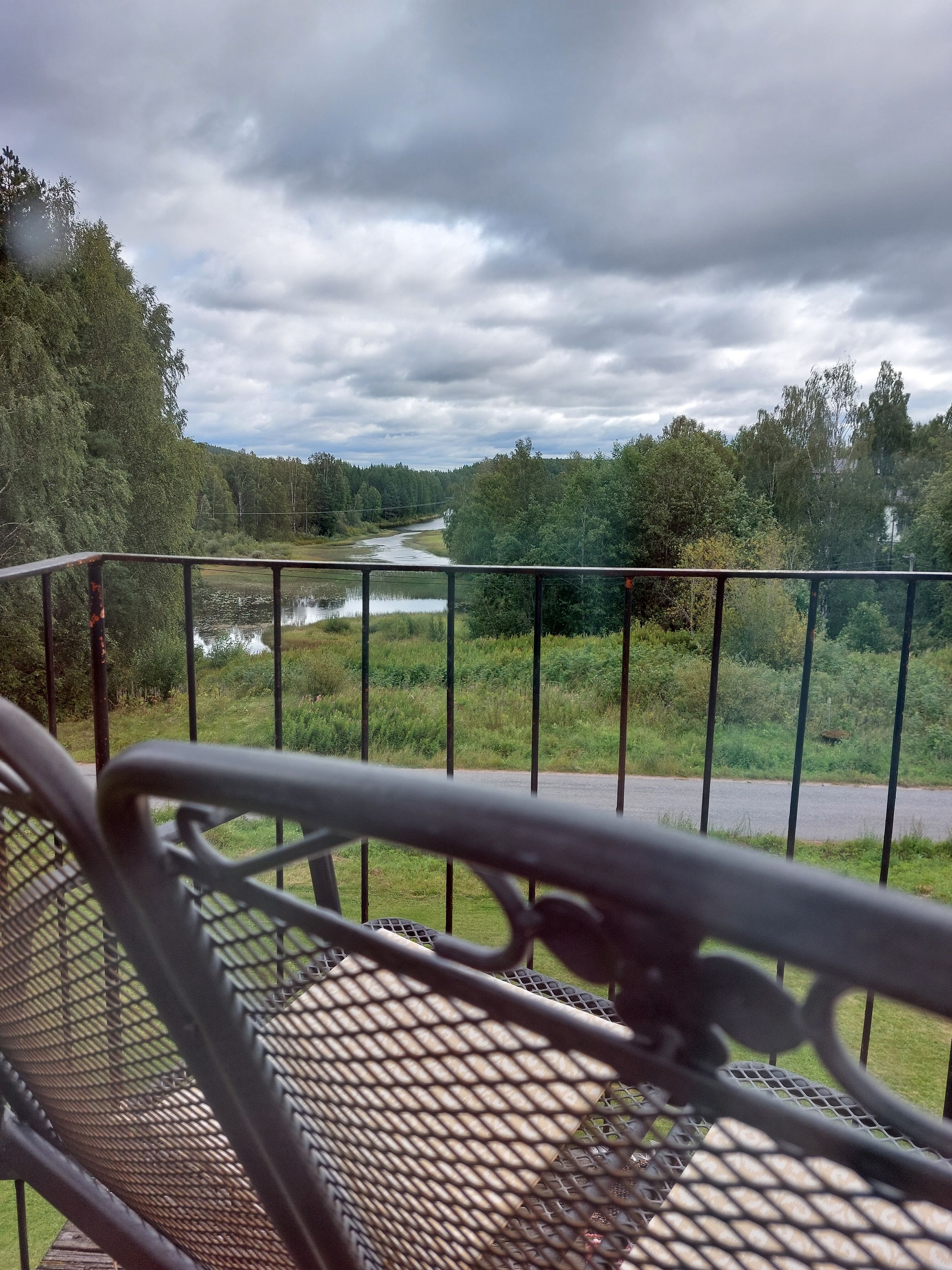 A metal railing overlooking a river with a forested area in the background.