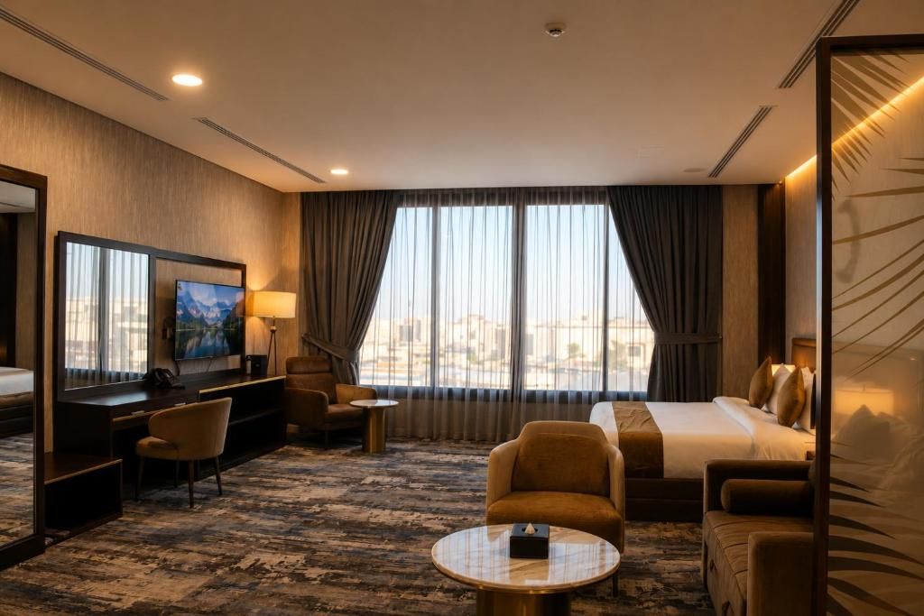 Habitación de hotel con cama, dos sillones, escritorio con televisor, mesita y ventana grande con cortinas.