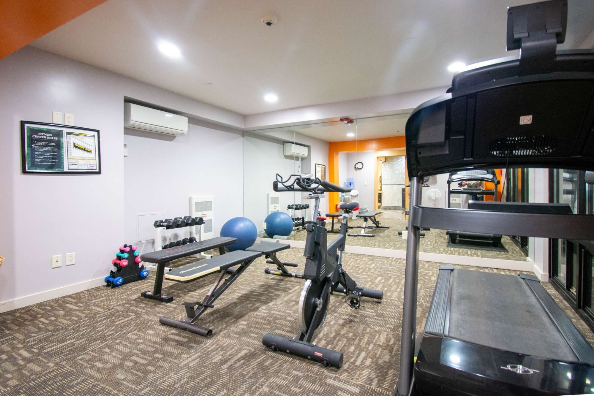 A gym with exercise equipment, a treadmill, and a mirrored wall.