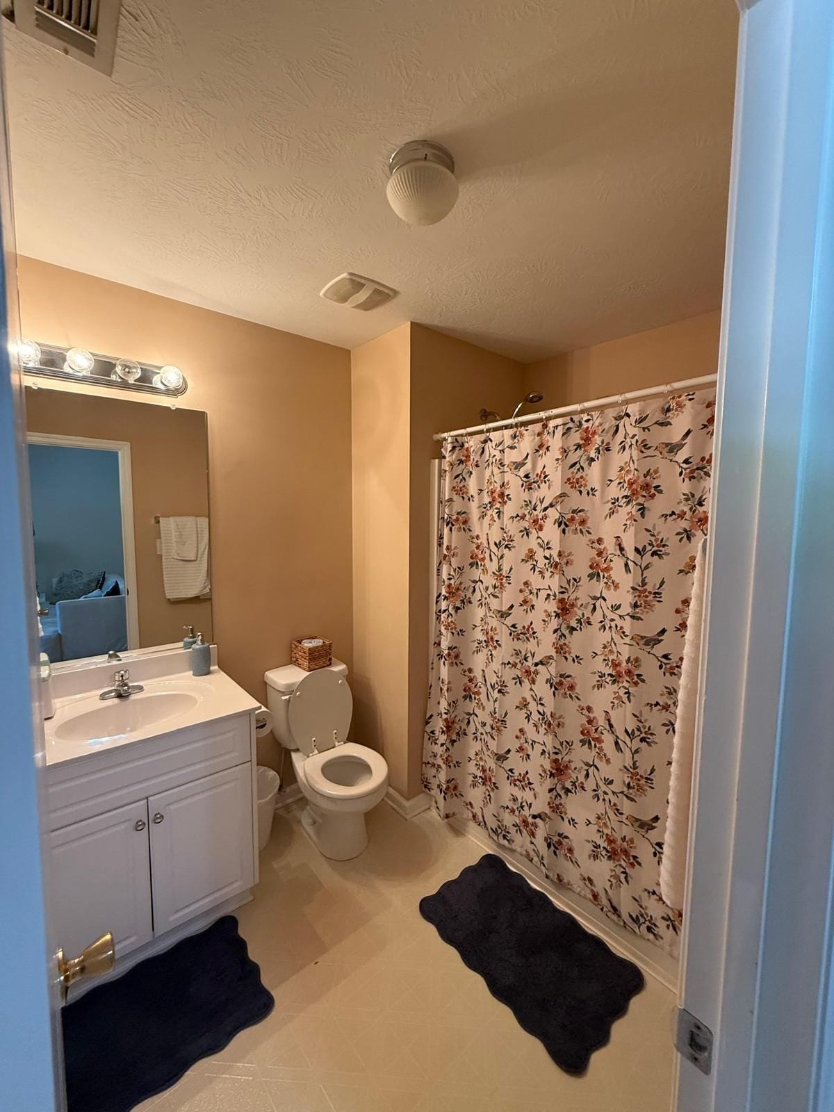 A bathroom with a toilet, sink, mirror, and shower curtain.