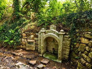 Una estructura de piedra con un arco de entrada, rodeada de abundante vegetación y un muro de piedra.