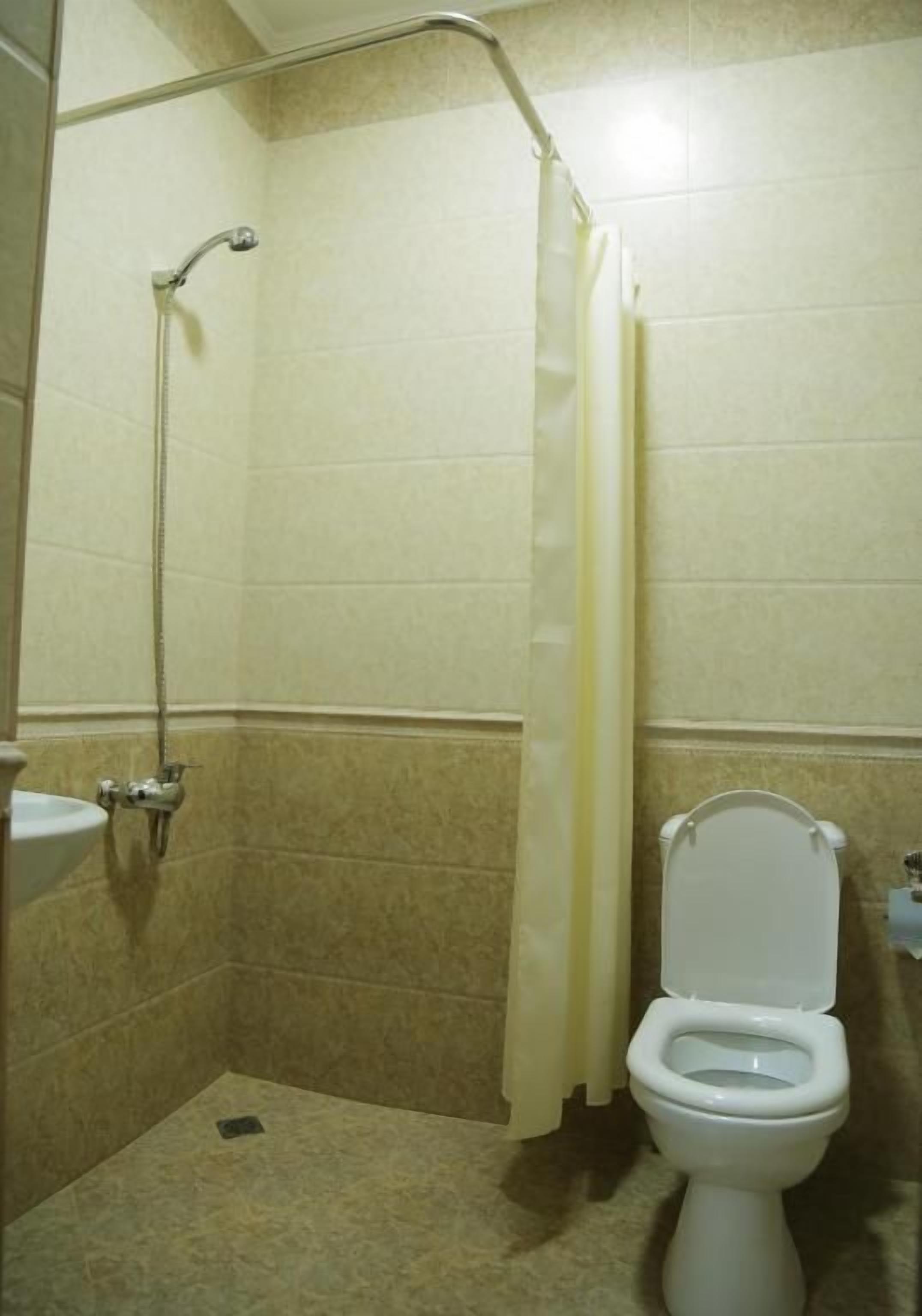 A bathroom with a shower, toilet, and sink.