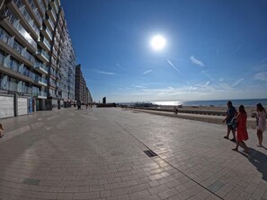 Ein gepflasterter Weg mit Blick auf das Meer und einem Hochhaus im Hintergrund.