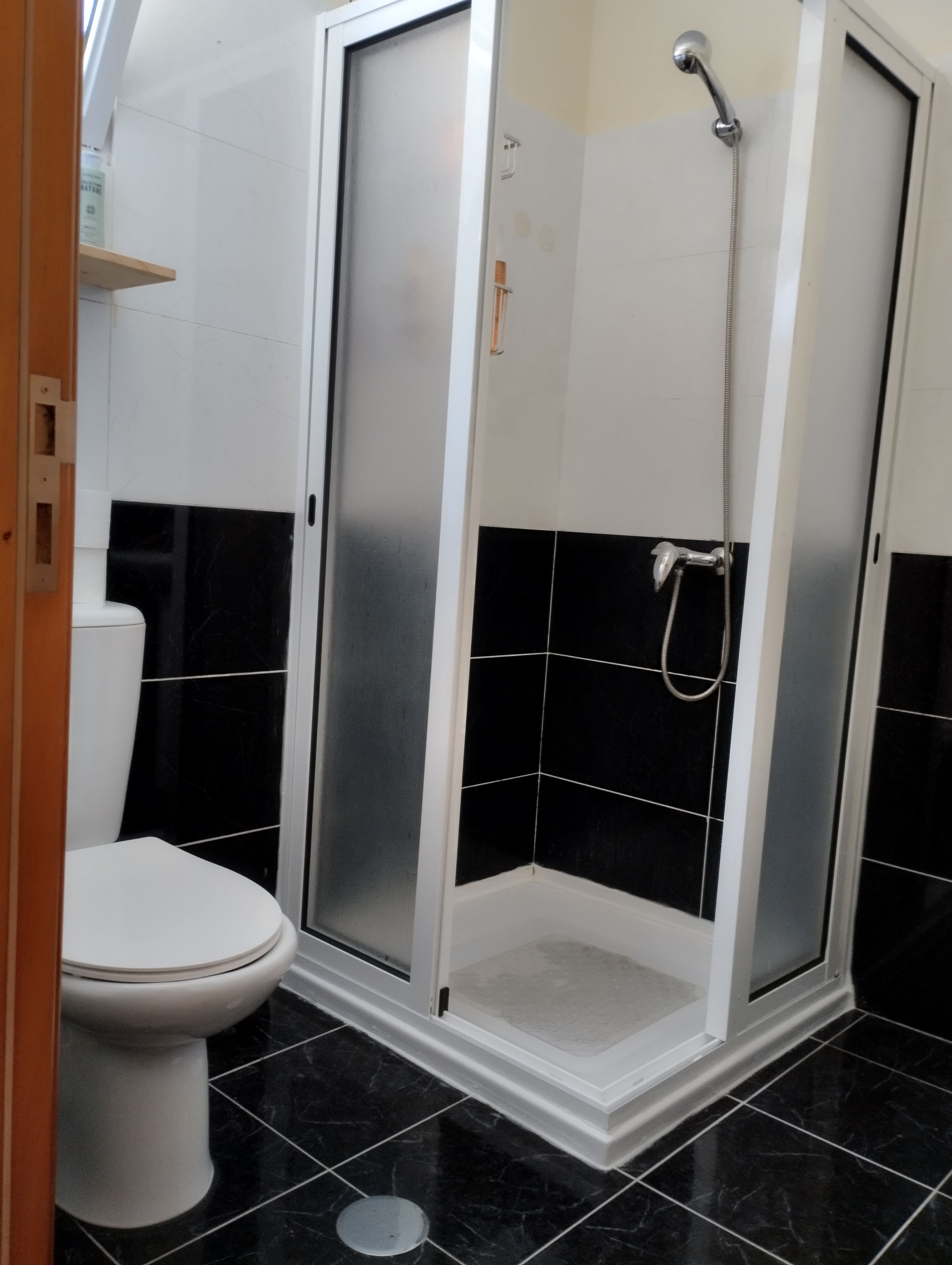 Een badkamer met een wit toilet, een douchecabine met een glazen deur en zwart betegelde wanden.