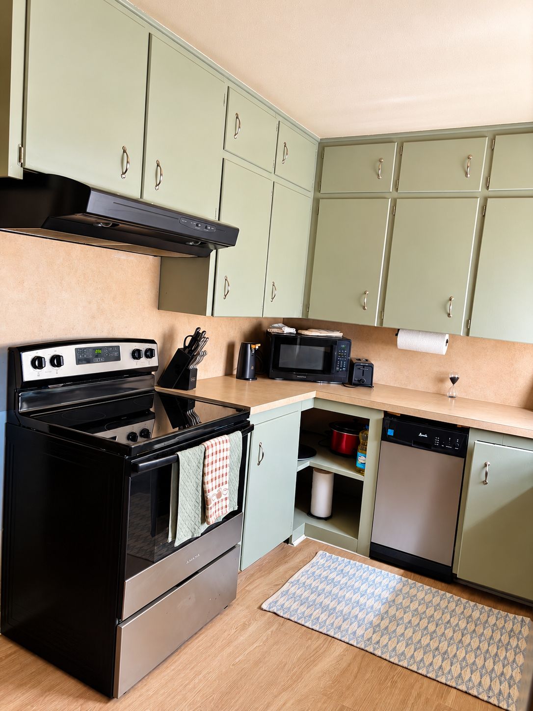 A kitchen with a stove, microwave, and dishwasher.