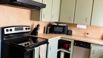 A kitchen with a stove, microwave, and dishwasher.