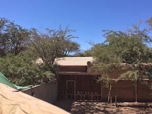 Un patio con un edificio, árboles y cielo despejado.