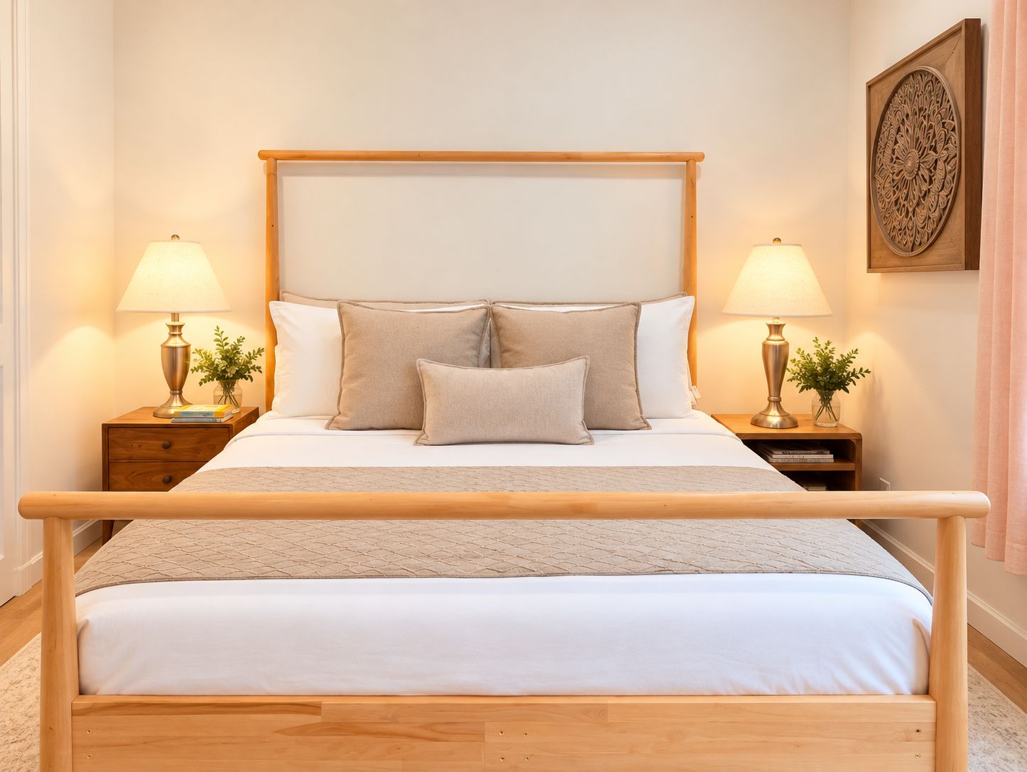 Een netjes opgemaakt bed met een houten frame, twee nachtkastjes met lampen en een decoratief wandobject.