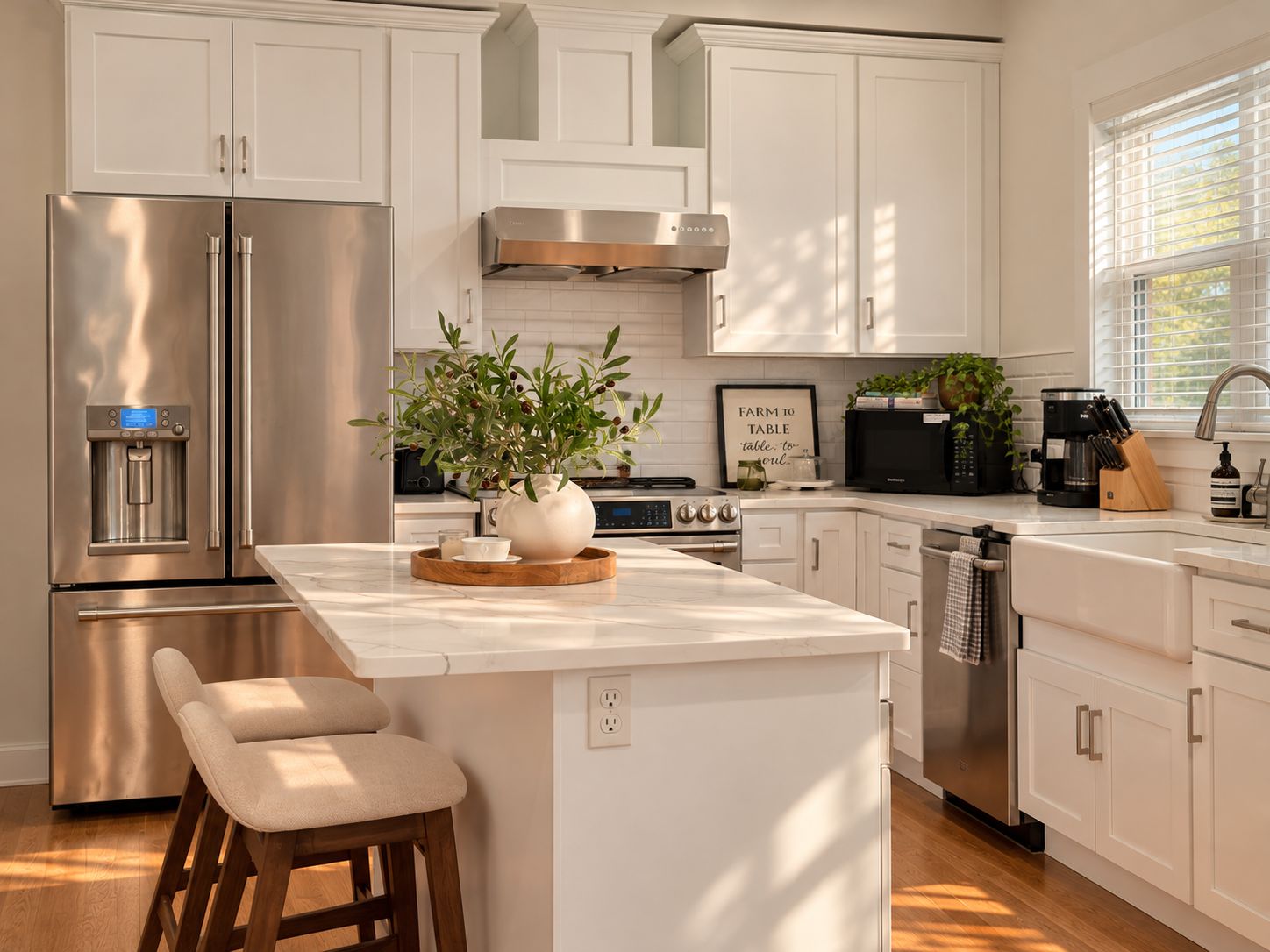A modern kitchen with white cabinetry, stainless steel appliances, a central island with seating, and a view of the outdoors through a window.