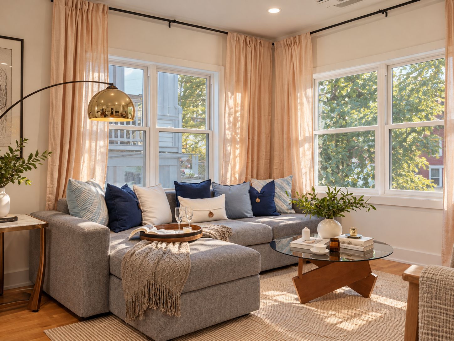 A modern living room with a sectional sofa, a glass coffee table, and a floor lamp.