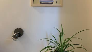 A framed artwork of a pink van on a wall, a wall-mounted light fixture, and a potted plant on a white surface.