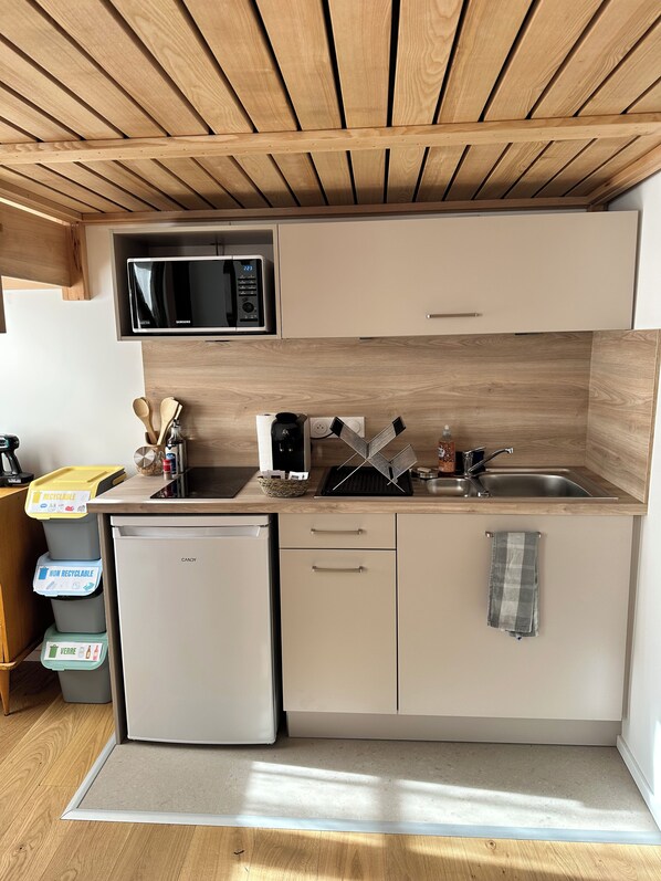 A compact kitchen with a microwave, sink, and a small refrigerator.